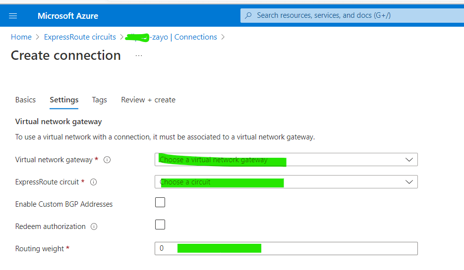 connection setting express route circuit