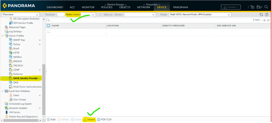 7 Open Panorama or Global Protect goto SAML and import the XML certificate